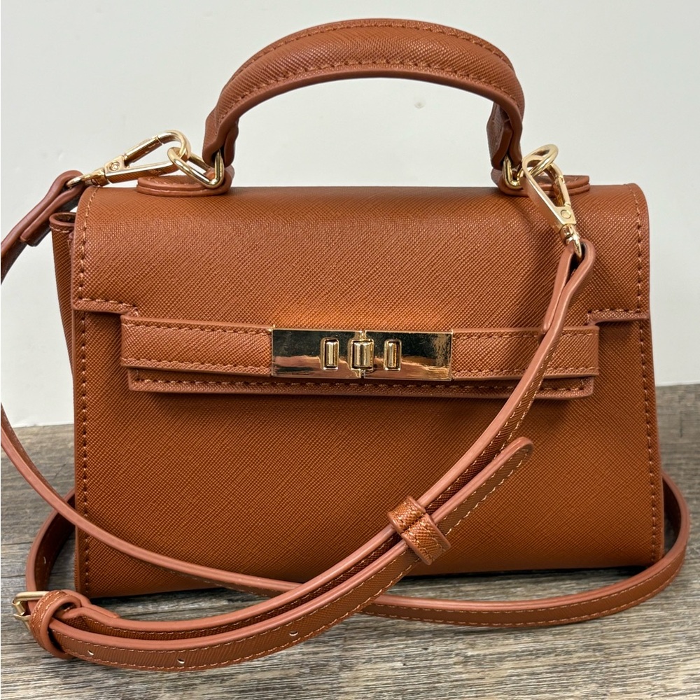 Mystique Cognac Brown Structured Satchel Crossbody Bag | Gold Hardware